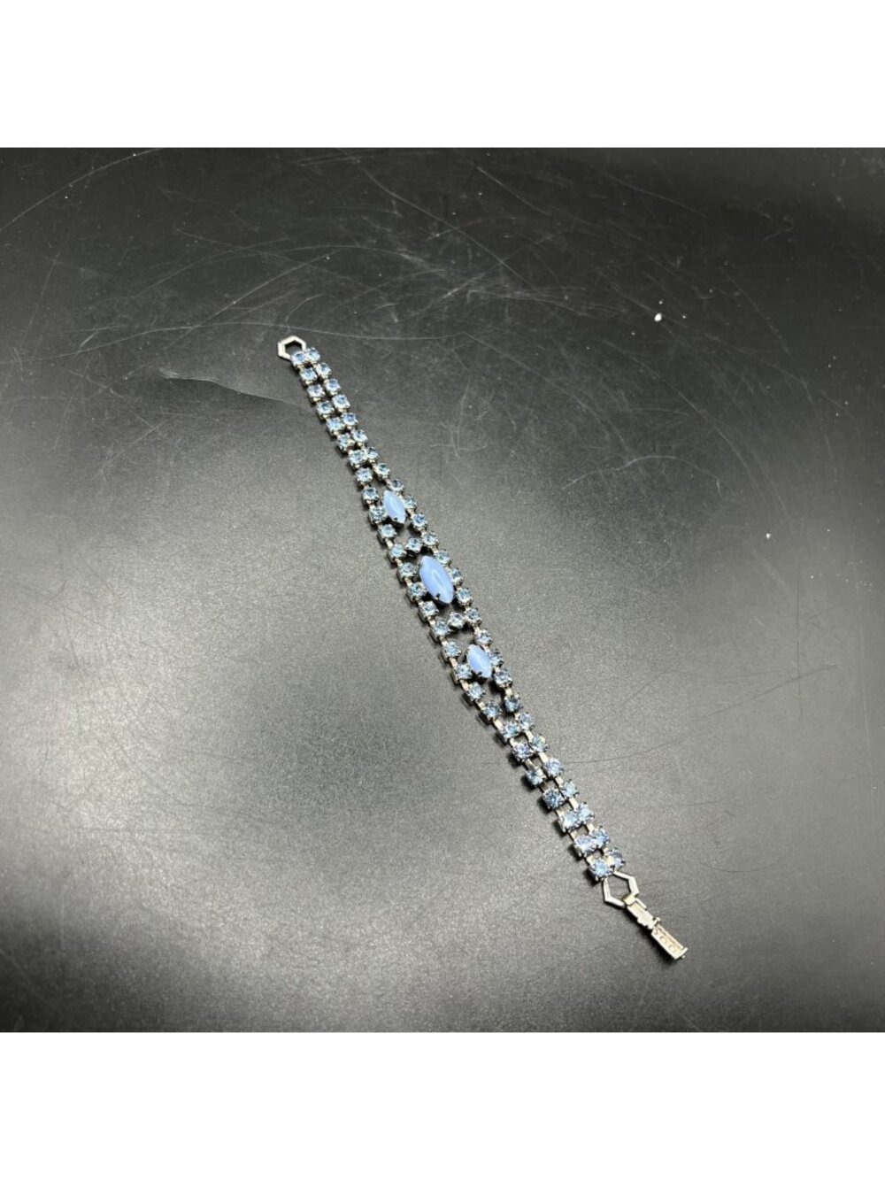 Rhinestone Blue Glass Double Row Bracelet SilverTone Finish Elegant Clasp 7” VTG
